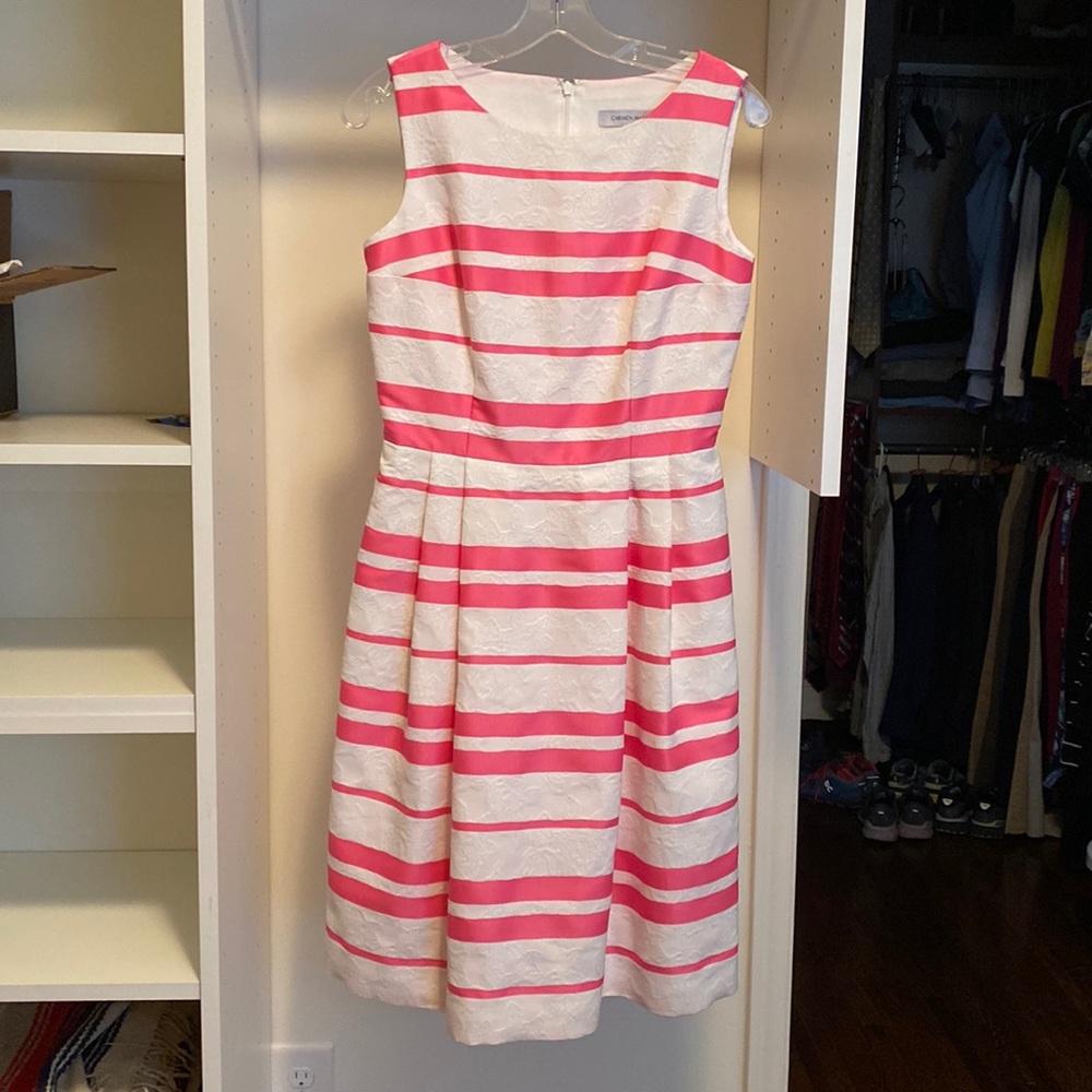 Carmen Marc Valvo size 4 sleeveless dress, white with pink ribbon stripes